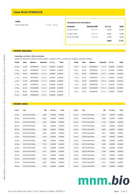 Hiszpania Masmovil internet i mobile rachunek za media Word i PDF formaty, 5 stron..